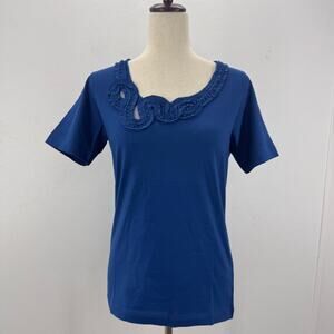 NWT Joan Vass Women's Mesh Neck Tee Persian Blue size 0/Small Casual Minimalist